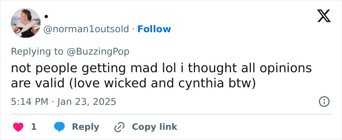 Tweet discussing reactions to Cynthia Erivo's Oscar nomination, mentioning opinions and appreciating her work. Tweet discussing reactions to Cynthia Erivo's Oscar nomination, mentioning opinions and appreciating her work.