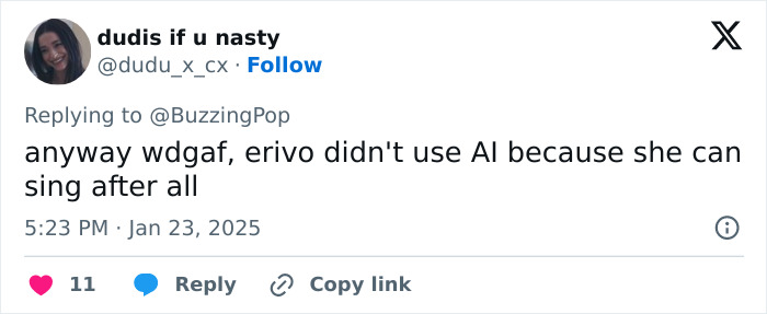 Tweet referencing Cynthia Erivo's Oscar nomination and her singing ability without AI assistance. Tweet referencing Cynthia Erivo's Oscar nomination and her singing ability without AI assistance.