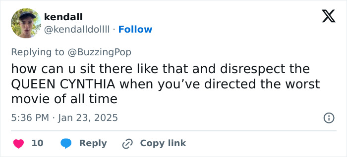 Tweet criticizing Emilia Pérez director's comments on Cynthia Erivo's Oscar nomination. Tweet criticizing Emilia Pérez director's comments on Cynthia Erivo's Oscar nomination.