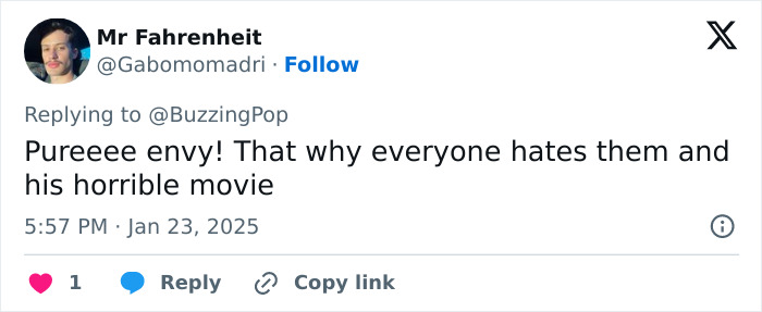 Tweet criticizing 'Emilia Pérez' director, accusing him of envy regarding Cynthia Erivo's Oscar nomination. Tweet criticizing 'Emilia Pérez' director, accusing him of envy regarding Cynthia Erivo's Oscar nomination.