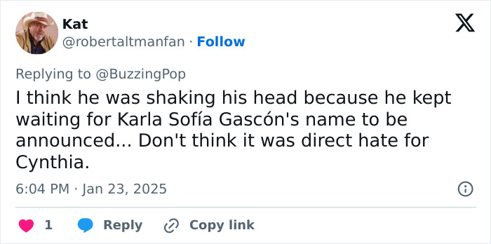 Tweet about Emilia Pérez director's reaction to Cynthia Erivo's Oscar nomination. Tweet about Emilia Pérez director's reaction to Cynthia Erivo's Oscar nomination.