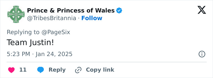 Social media post supporting Justin Baldoni with 'Team Justin!' message, dated January 24, 2025.