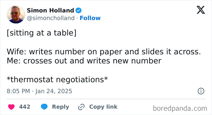 Tweet about thermostat negotiations in January humorously depicted through a negotiation scene at a table.
