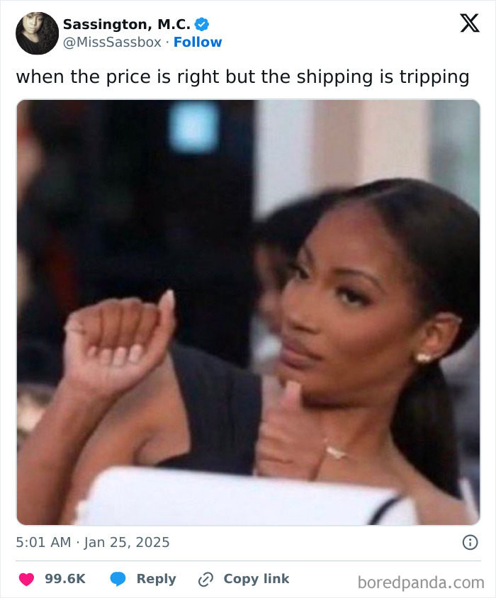 Woman reacting humorously to unexpected shipping costs in a tweet, exemplifying funny tweets from long January.