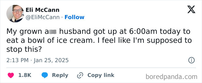 Tweet humorously describing a husband's early morning ice cream habits, featuring funny tweets for January.