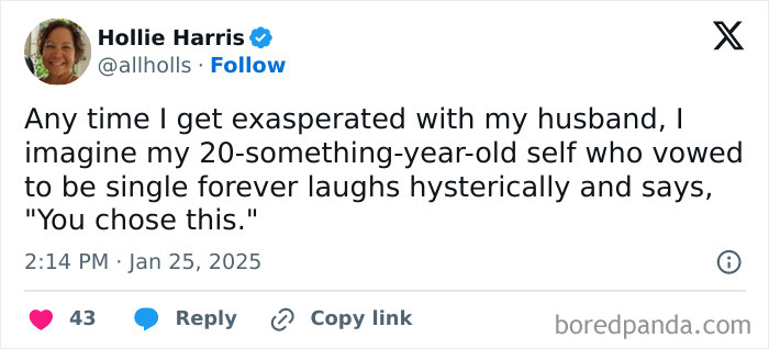 Tweet about marriage humor, reflecting on past vows of staying single and current relationship exasperation.