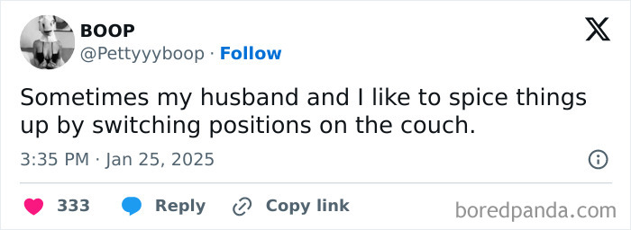 Tweet humorously suggesting spicing things up by changing positions on the couch; example of funny tweets for January survival.