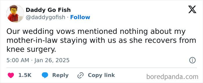 Funny tweet about wedding vows and a mother-in-law's knee surgery recovery stay.