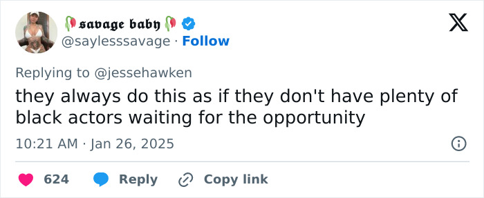 Tweet discussing opportunity for black actors following nomination news. Tweet discussing opportunity for black actors following nomination news.