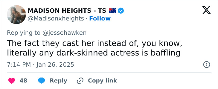 Tweet discussing casting choice related to Zoe Saldaña blackface controversy. Tweet discussing casting choice related to Zoe Saldaña blackface controversy.