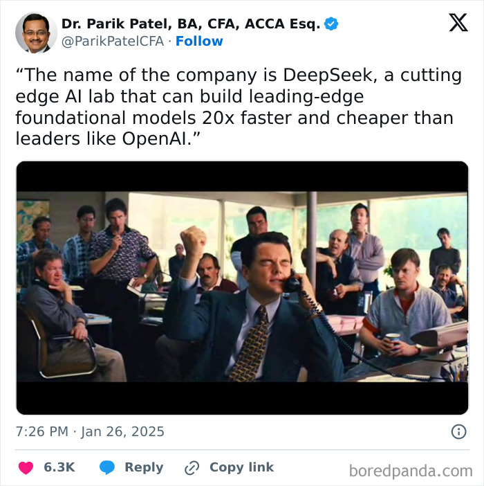 A group of people in an office celebrate a deal, referencing DeepSeek's AI chatbot advancements.