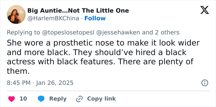 Tweet criticizing casting choice related to Zoe Saldaña's scandal, emphasizing the use of prosthetics for a role. Tweet criticizing casting choice related to Zoe Saldaña's scandal, emphasizing the use of prosthetics for a role.