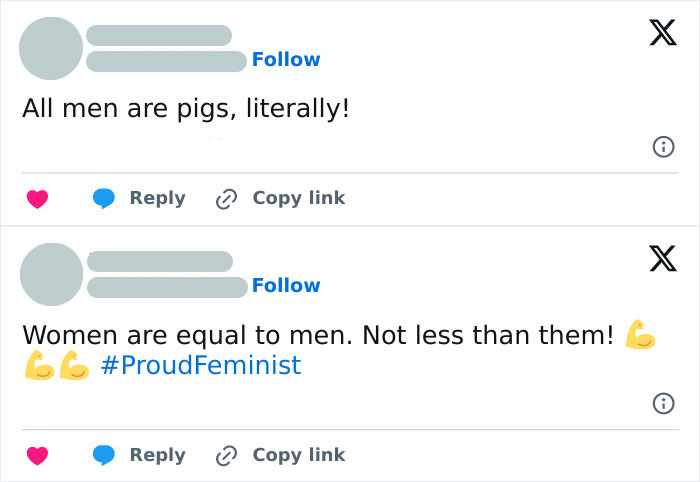 Social media exchange highlighting a comeback, with feminist and equality hashtags and emojis.