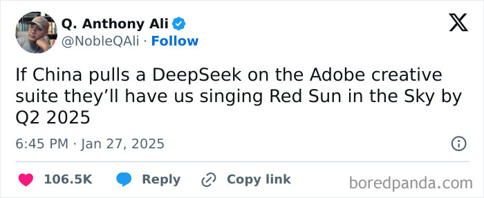 Tweet mentioning DeepSeek impacting Adobe's creative suite with humor, referencing a song title and future date.