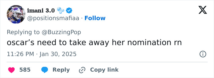 Tweet criticizing transgender Oscar nominee's nomination after past racist posts resurface.