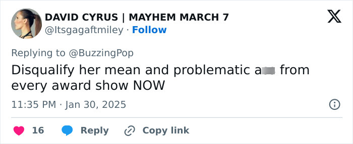 Tweet criticizing transgender Oscar nominee for resurfaced racist posts.