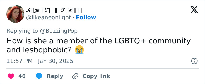 Tweet questioning transgender Oscar nominee's membership in LGBTQ+ due to alleged lesbophobia.