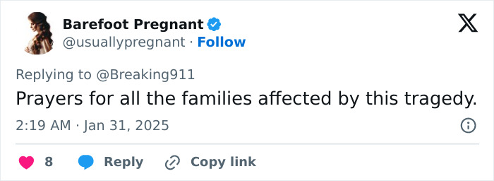 Tweet expressing condolences for victims' families in Washington DC plane crash tragedy.