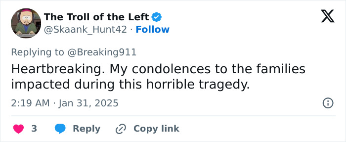 Tweet expressing condolences for Disney On Ice actress and other plane crash victims.