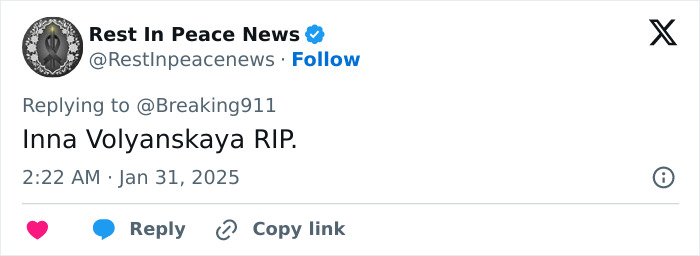 Tweet by Rest In Peace News honoring a Disney On Ice actress who died in a Washington DC plane crash.