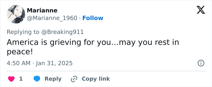 Marianne_1960 tweets condolences for 'Disney On Ice' actress victim in Washington DC crash.