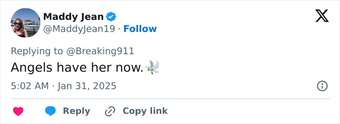 Tweet by Maddy Jean expressing condolences for Disney On Ice actress in plane crash.