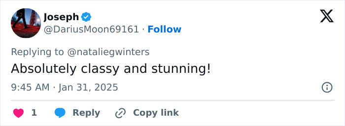 Tweet complimenting a controversial White House Correspondent's appearance as classy and stunning.