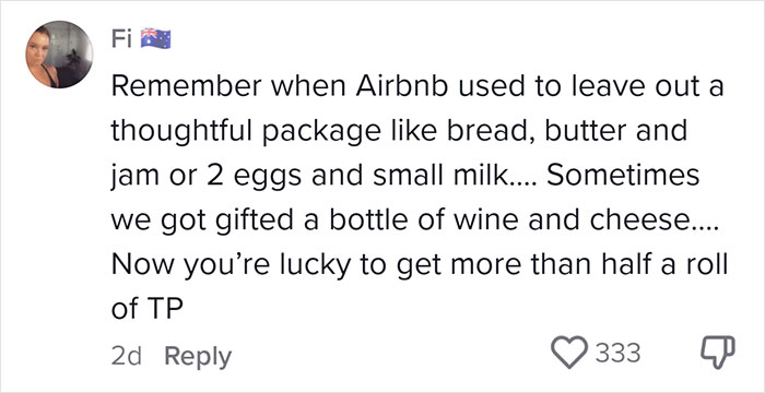 Comment on Airbnb hosts and guests, discussing changes in provided amenities over time.