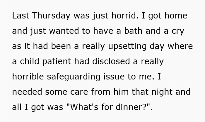 Text about a woman reflecting on her relationship after a difficult day, with her boyfriend being unsupportive.