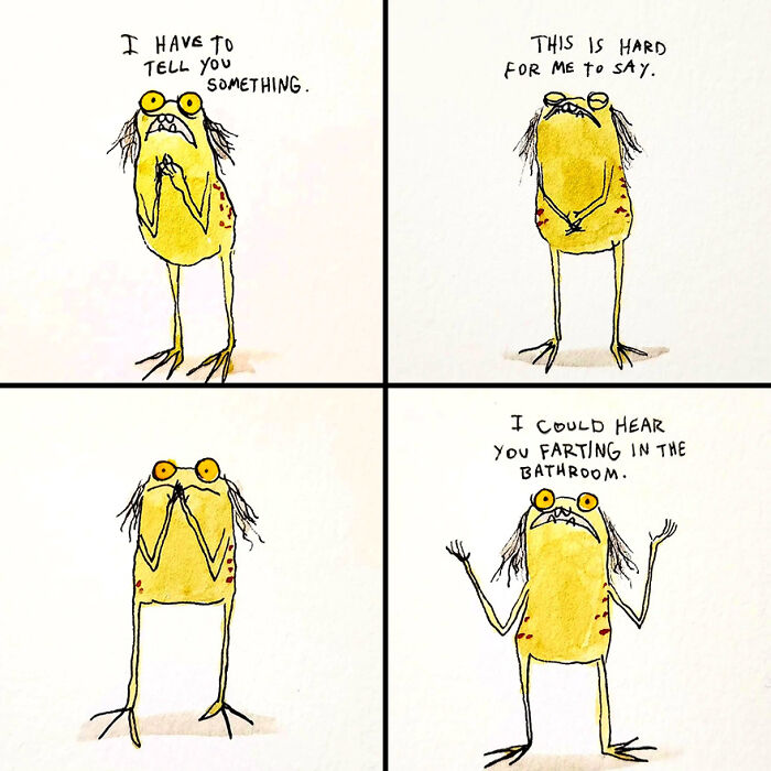 Goofy yet disturbing illustration by Kyle Beaudette, featuring a quirky creature humorously revealing a secret.