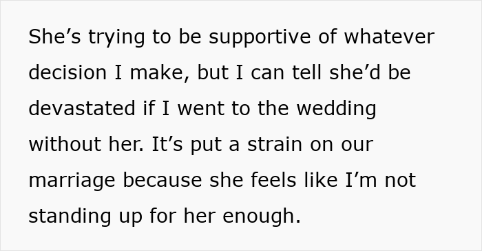 Text expressing marital strain over wedding attendance decisions.