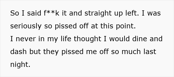 Text describing frustration after a long wait led to dining and dashing.