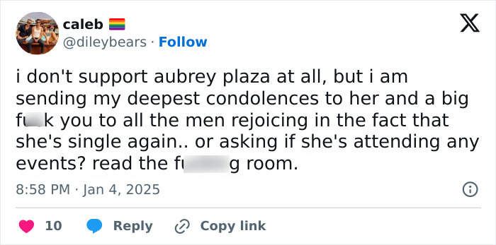 Tweet criticizing male fans for celebrating Aubrey Plaza's single status after her husband's passing. Tweet criticizing male fans for celebrating Aubrey Plaza's single status after her husband's passing.