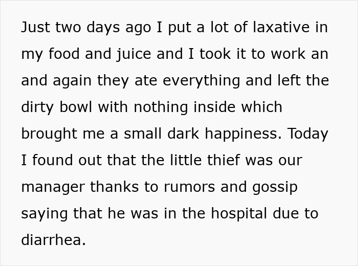 Text about a worker adding laxative to food, leading to a hospital visit for the manager due to diarrhea.