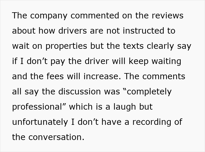Text from a towing company dispute mentioning driver waiting fees and professional discussion claims. Text from a towing company dispute mentioning driver waiting fees and professional discussion claims.