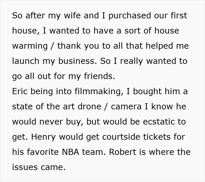 Text narrative about gifts for friends, camera for Eric, NBA tickets for Henry, before business success.