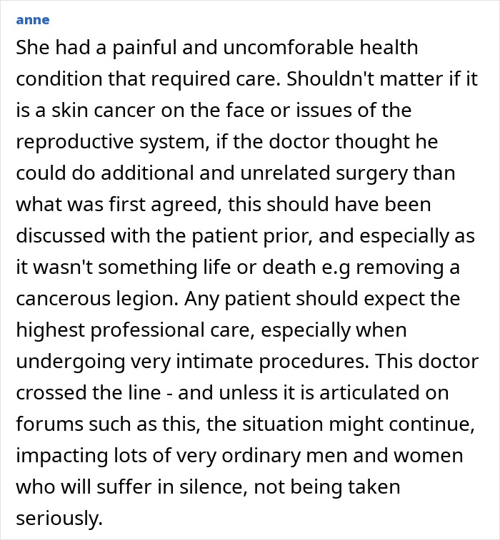 Text highlights a patient's view on unauthorized surgery during labia procedure, emphasizing professional care expectations.