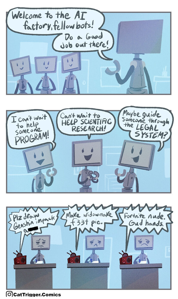 AI robots in a comic strip by Cat Trigger, starting with hopeful ambitions, ending with unexpected online requests.