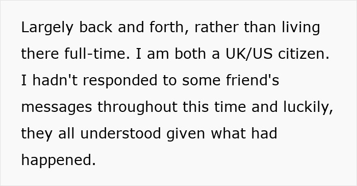 Text discussing a UK/US citizen's experience with understanding friends during personal challenges.