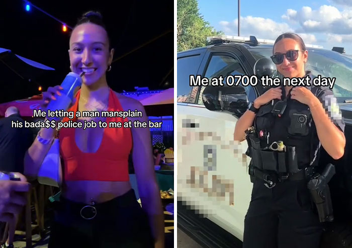 Woman in red top letting a man mansplain at the bar, then in police uniform by a patrol car the next morning.