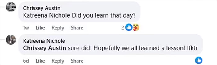 Facebook conversation about road rage incident involving "Karen,” discussing lessons learned. Facebook conversation about road rage incident involving "Karen,” discussing lessons learned.