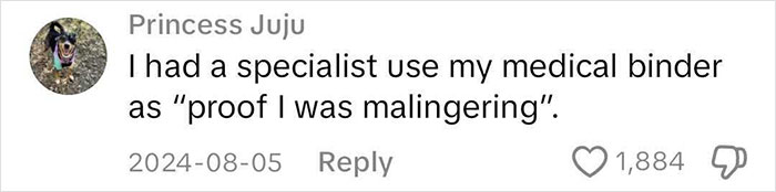 Comment discussing use of a medical binder, not taken seriously by a specialist. Comment discussing use of a medical binder, not taken seriously by a specialist.