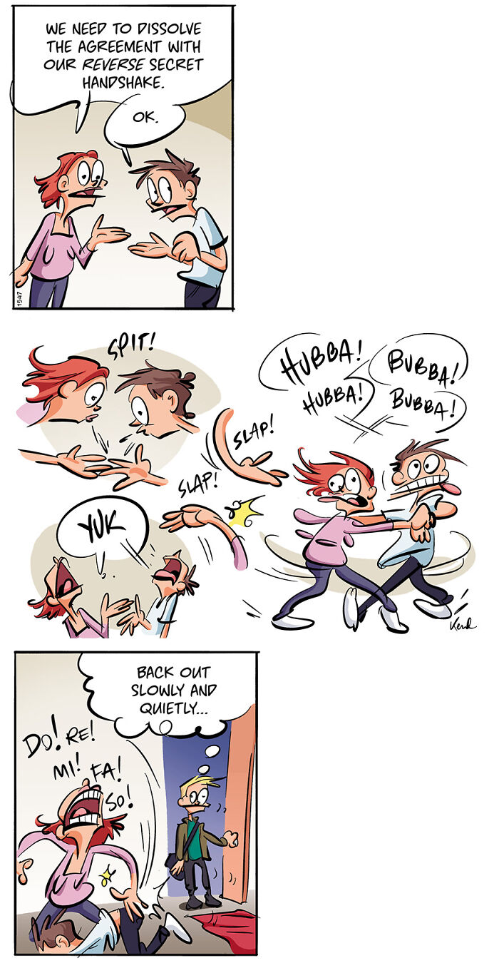 Comic strip featuring Kenneth Larsen and Martha discussing a naughty Christmas elf pulling pranks, with a humorous twist.