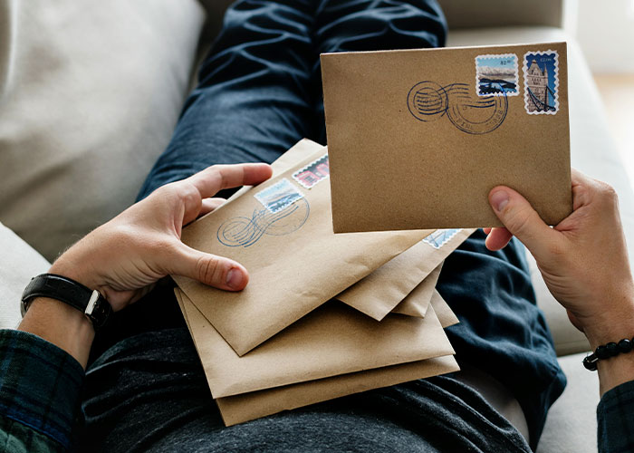 Person holding stamped envelopes, possibly involved in an ingenious act or scheme.