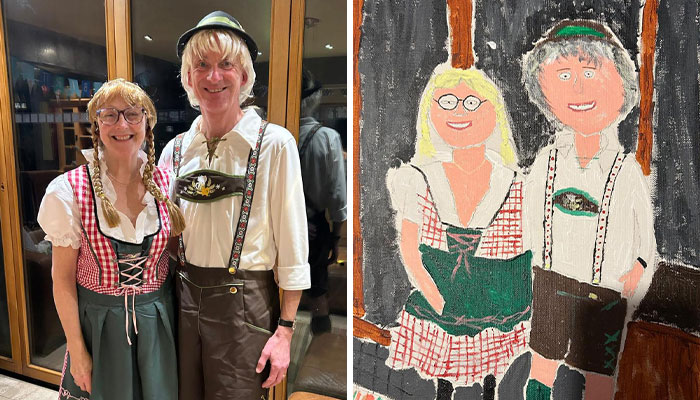 Man's painting of wife goes viral, showing couple in traditional attire paired with the amateur artwork version. Man's painting of wife goes viral, showing couple in traditional attire paired with the amateur artwork version.
