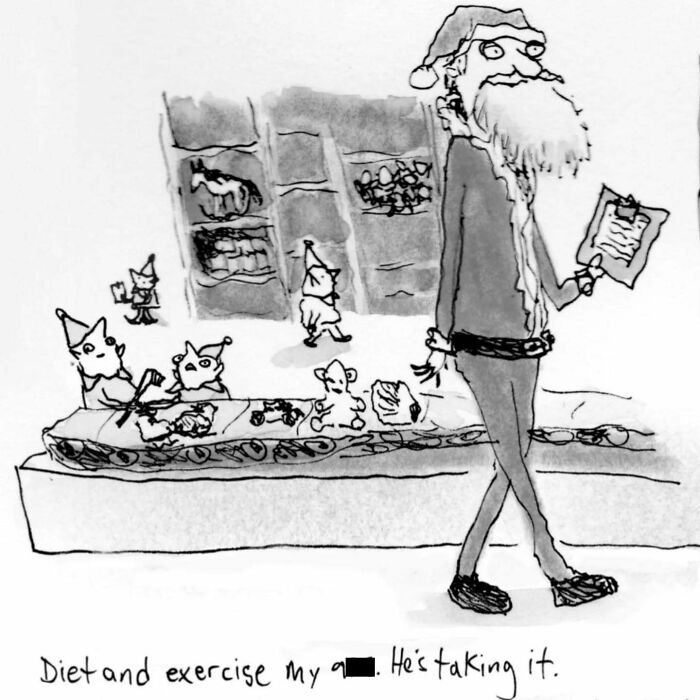 Santa Claus with elves and list, showcasing Kyle Beaudette's dark humor illustration style.