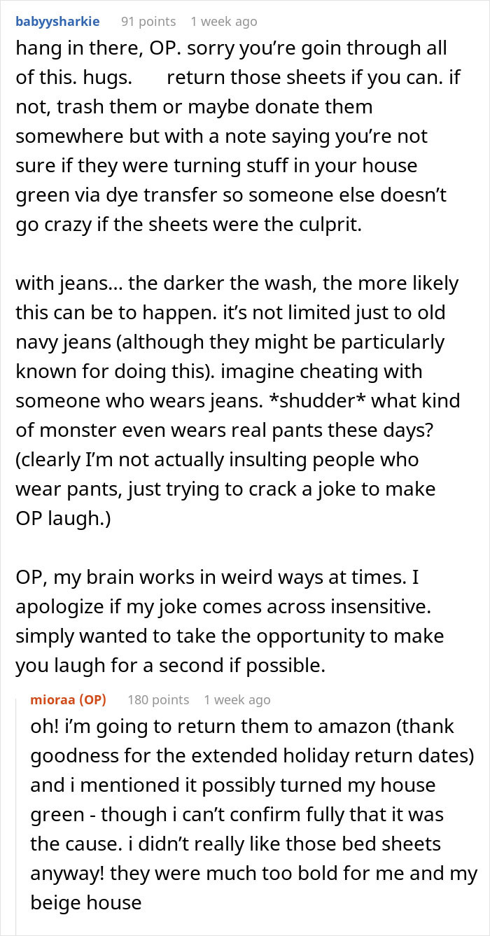 Online user jokes about stains on sheets, suggesting a mistress; original poster plans to return them.