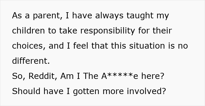 Text discussing parental responsibility in choices and seeking advice on involvement in family situations. Text discussing parental responsibility in choices and seeking advice on involvement in family situations.