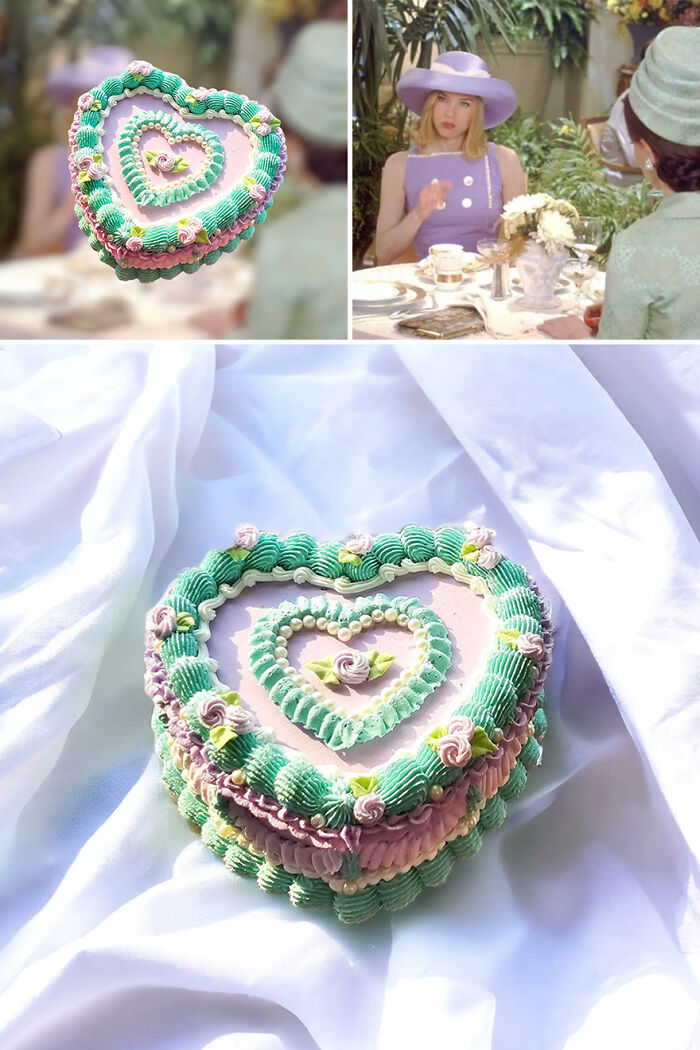 Cake-inspired storage box with green and pink icing, influenced by famous movies and series.