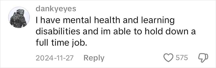 Comment about balancing mental health and a full-time job, dated 2024-11-27, with 575 likes. Comment about balancing mental health and a full-time job, dated 2024-11-27, with 575 likes.